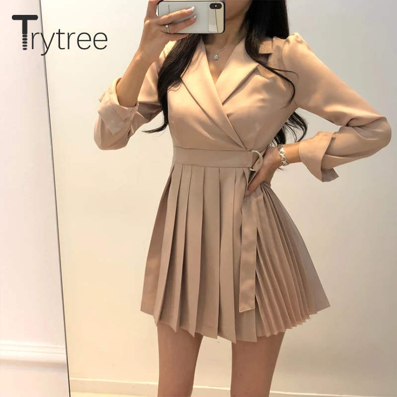 Trytree 2020 весеннее женское платье повседневное с отложным воротником однотонное 2