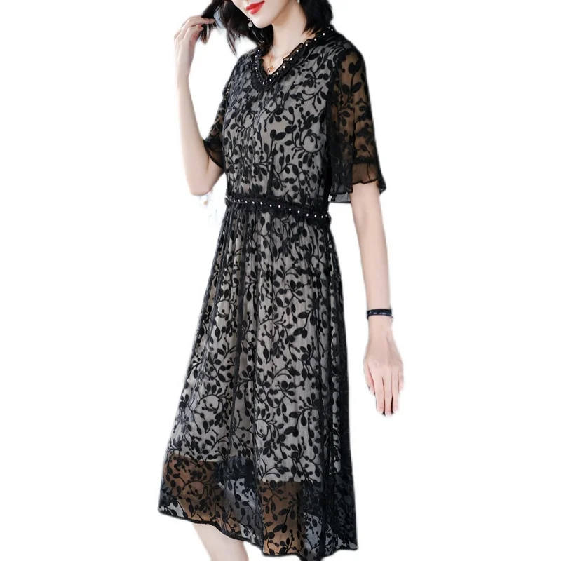 

COIGARSAM 3XL Plus Size Silk Women dress New Summer Lace Dresses Black 8593