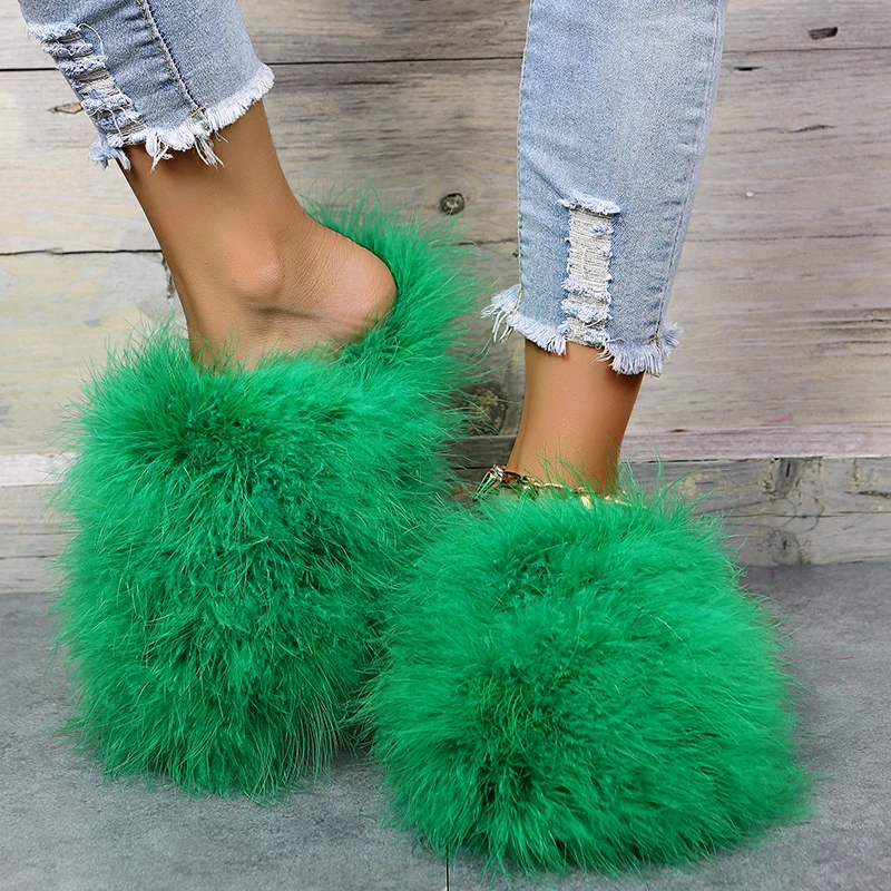 Women Big Size New Mules Slippers Furry Home Shoes Female Flats Plush Indoor Flip Flops Shoes Ladies Fur Slides House Slippers