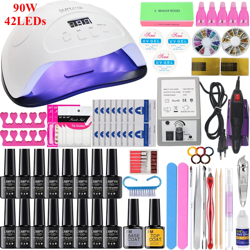 16/10 pcs Nail Gel Polish Set Kit 90/80/54/36W UV LED Lamp Manicure Set Nail Art Salon ForManicure Tools WIth Nail Drill Machine