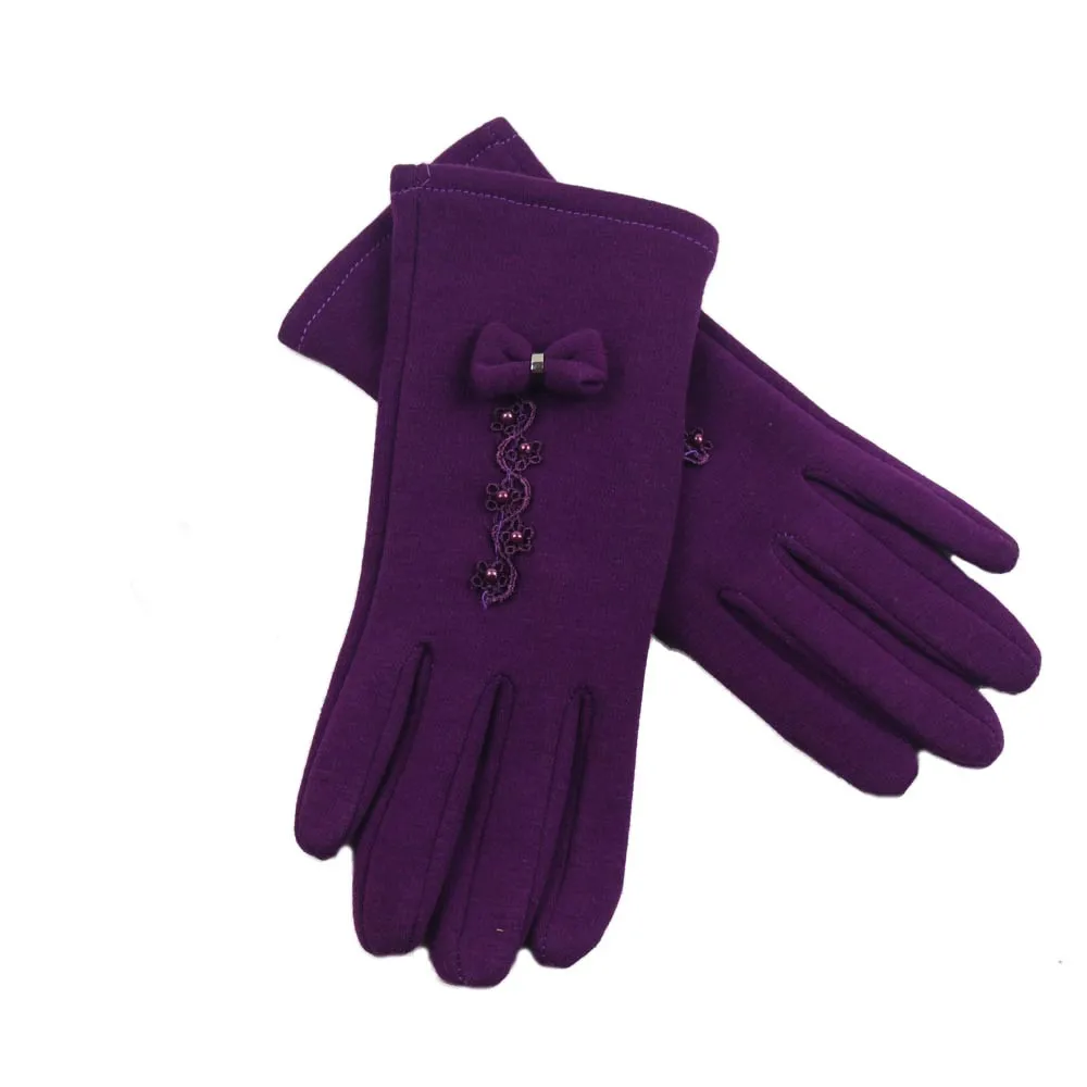 Purple Женские зимние теплые перчатки полный палец перчатки мягкий бант Вышивка Элегантные наручные толстые варежки Сенсорный экран Мотоциклетные Перчатки guantes Новинка - Цвет: Purple