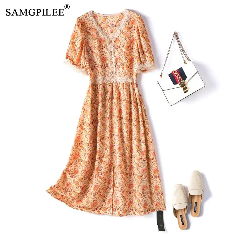 

Summer Women Dress Plus Size 2021 New Korean Style Chiffon V-neck High Waist Slim Over The Knee Thin Print Lace Dresses Woman