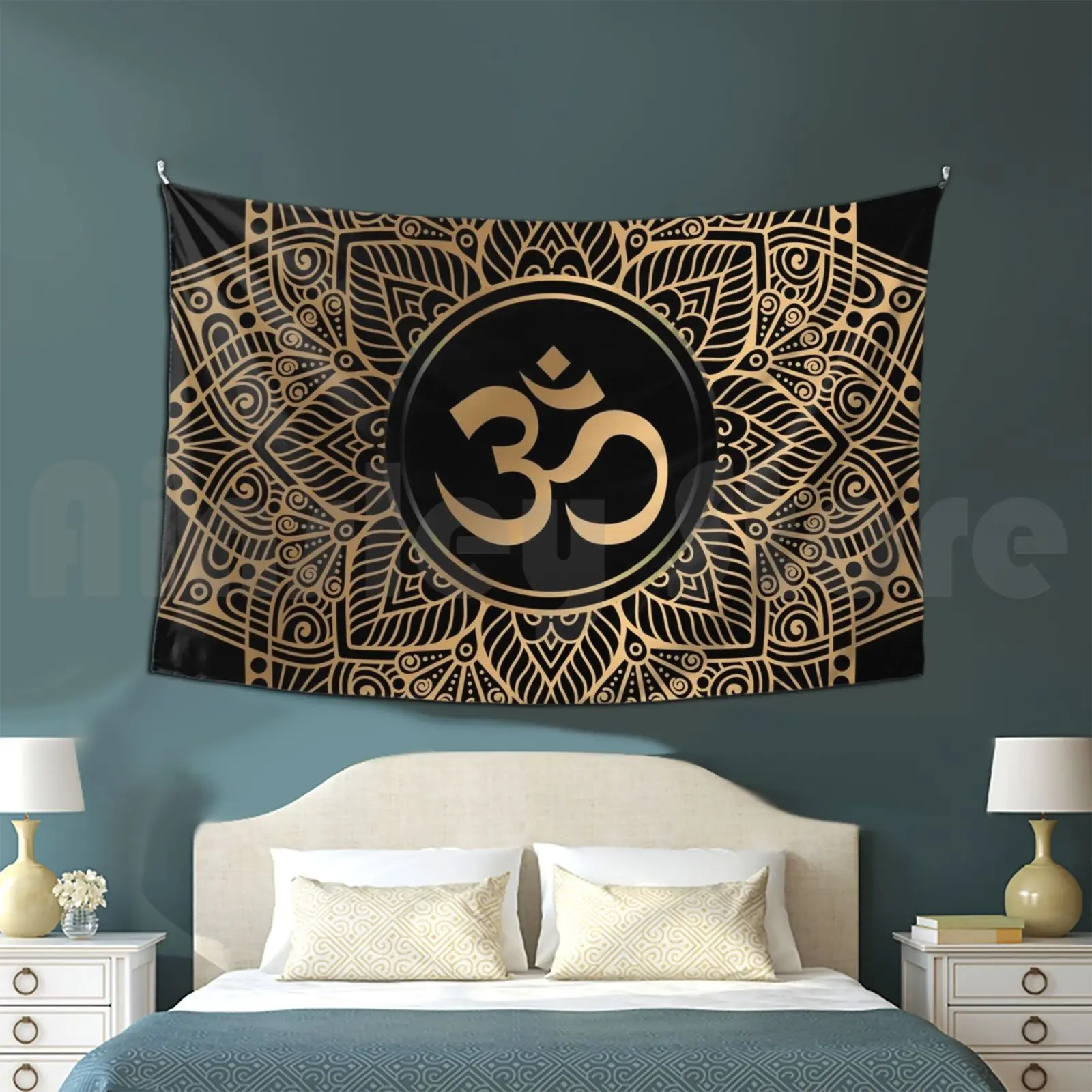 

Golden Mandala Tapestry Background Wall Hanging Gold Golden Mandala Om Yoga Aum Ohm Henna