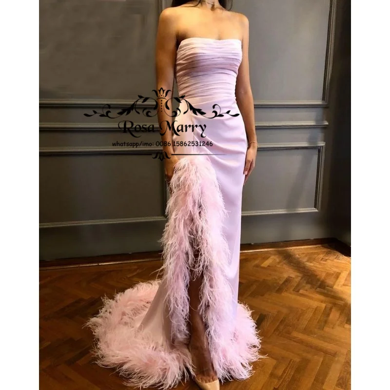 

Pink Feather Mermaid Evening Dresses 2021 Plus Size High Split Designer Vestido De Fiesta Custom Made Formal Party Gowns