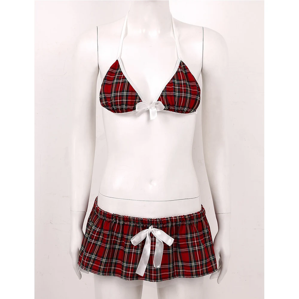 Women Sexy Cosplay School Girl Costume Halter Tie-on Bra Top with Mini Plaid Skirt G-string Lingerie Set Adult Roleplay Uniform |