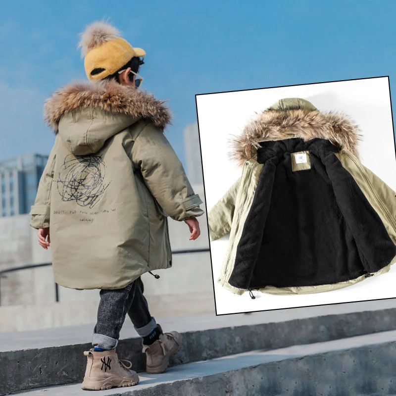 

Boys' School Overcome Cotton Clothes 2021 New Plush Jacket Winter Children's Thickened Hooded Letter Parkas For 5-12 Years Kids
