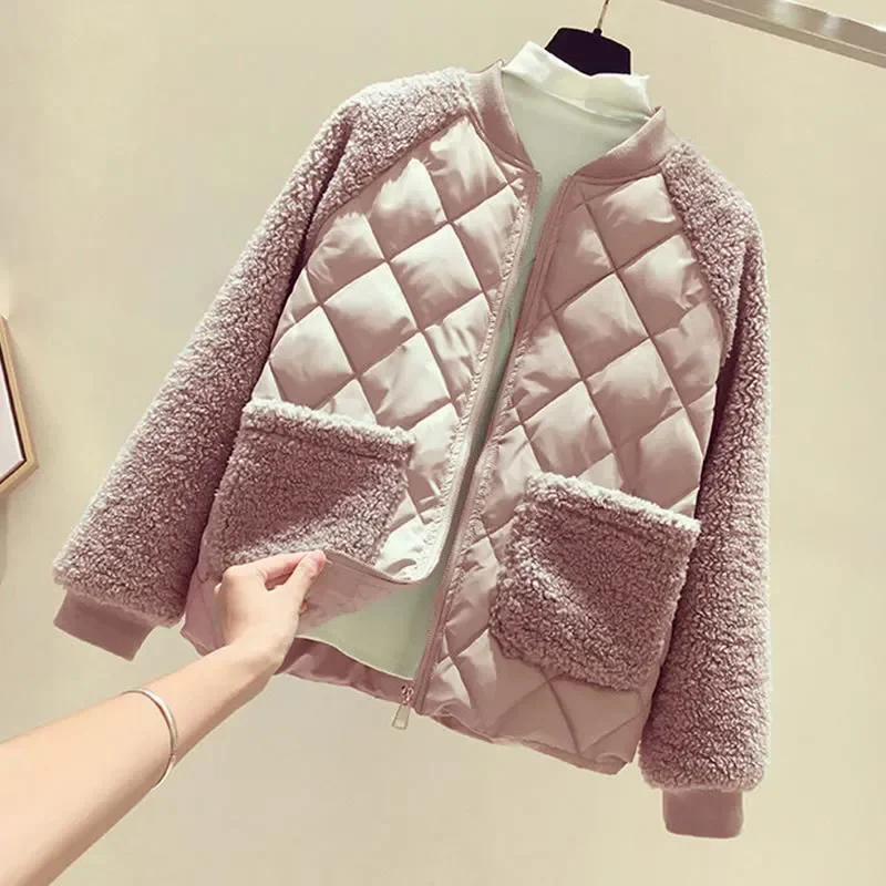 

New Women Short Coat Spring Autumn Models 2021 Loose Imitation Lamb Velvet Outwear Stitching Ladies Cotton Jacket Thin Overcoat