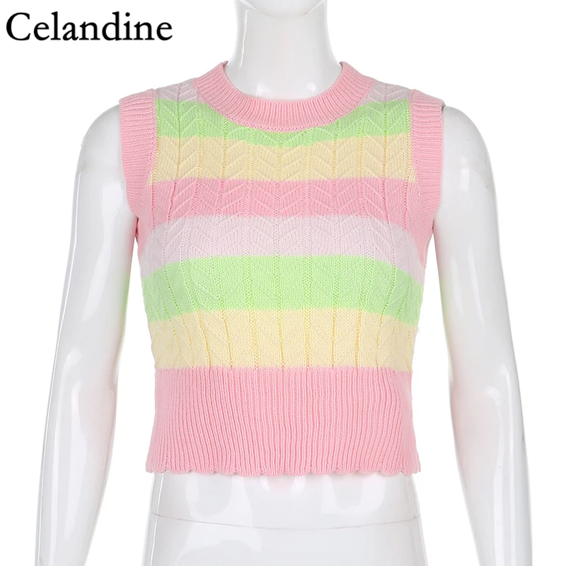 

Celandine Autumn Winter Fashion O Neck Sleeveless Knitted Sweater Vest Women Casual Cropped Tank Tops Pullover Jumper 2020