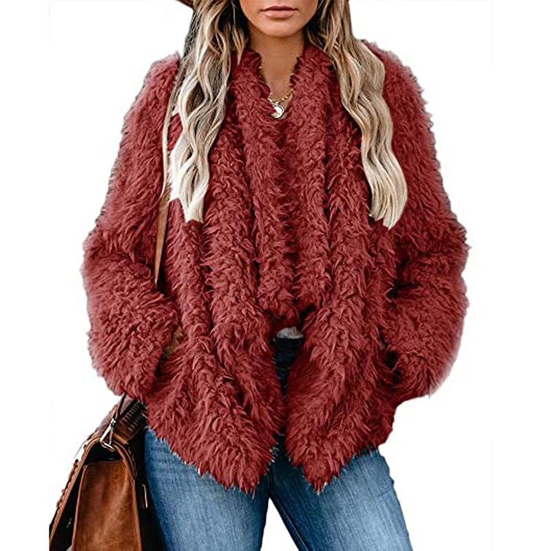 

Short Plush Coat Female Autumn Winter Warm Long Sleeve Hooded Casual Solid Color Jacket Fur Coat Outwear