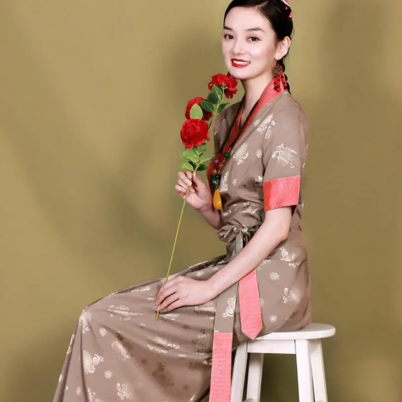 Тибетское платье с коротким рукавом женская летняя одежда шелковое в этническом