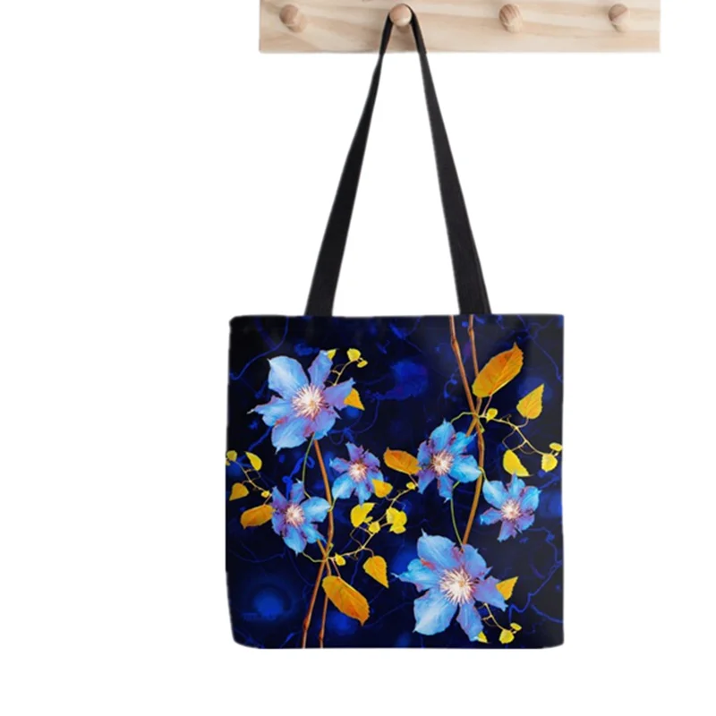 

Women shopper dark blue clematis Printed Kawaii Bag Harajuku Shopping Canvas Shopper Bag girl handbag Tote Shoulder Lady Bag