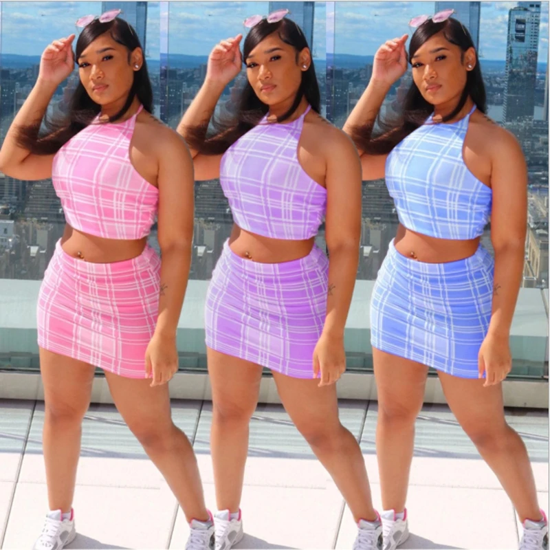 

Summer Clothing Two-piece Set Women Sexy Plaid Print Nightclub Style Tube Top Mini Skirt Suits Club Outfit Streetwear Wholesale