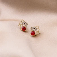 925 silver needle cartoon diamond red mouse stud earrings mini animal earrings