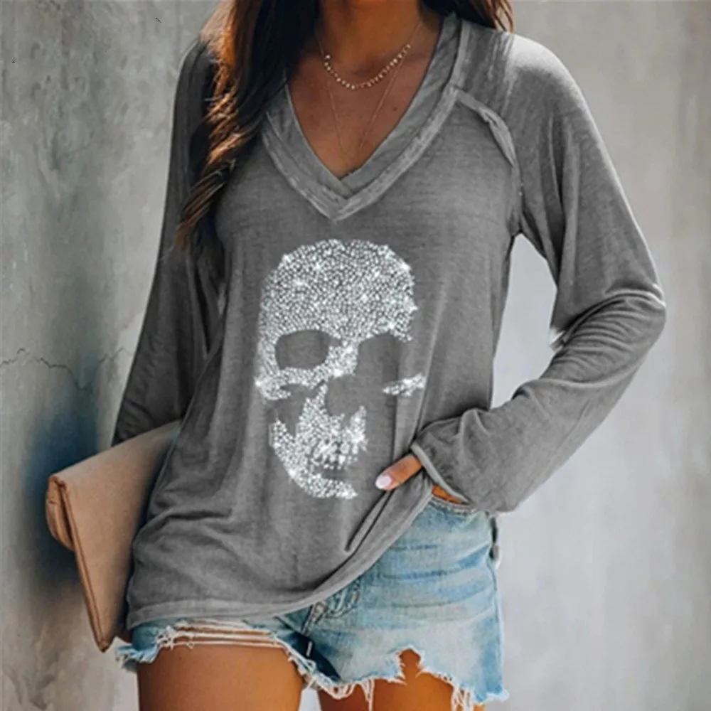 

DANG 2021 Plus Size 4XL 5XL Diamonds Skull T-shirt Women Top Graphic Tees Women Tops for E Girl Full Sleeves Soft Goth Aesthetic