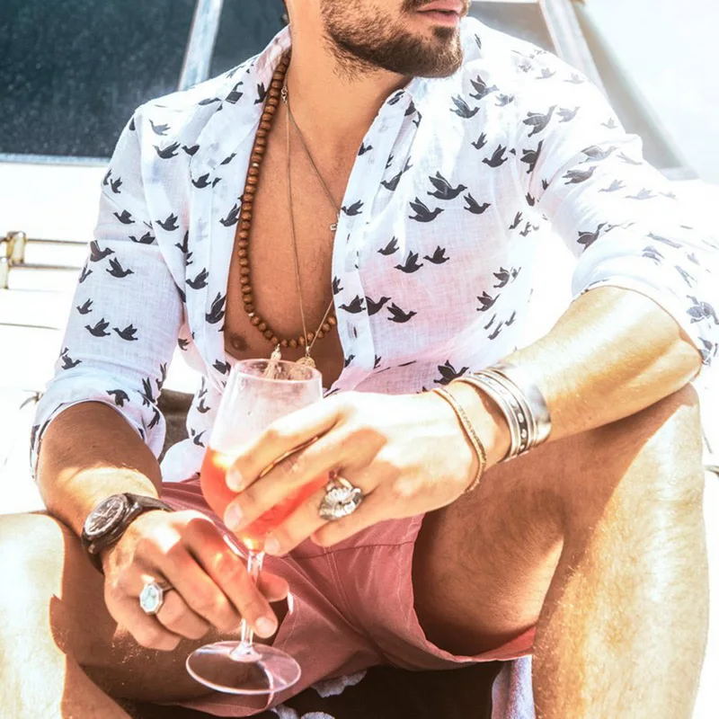 

Hawaiian Shirt Long Sleeve Wild Goose Print Button Linen Shirts Summer Camisas Hombre Mens Shirts Casual Slim Fit Blusa New Full