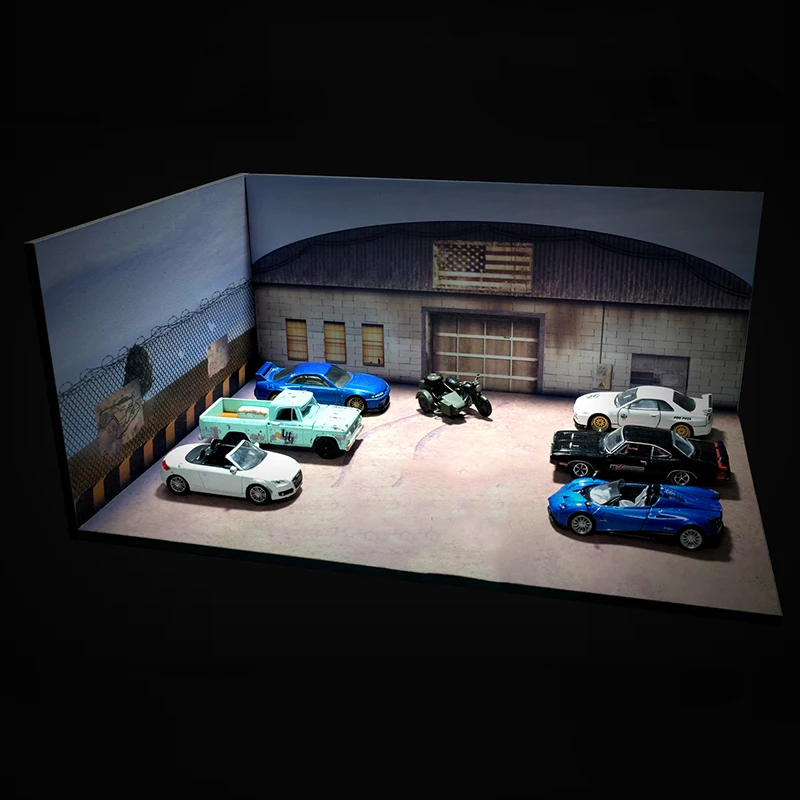 

1/64 искусственное обслуживание фабрики гаража, склад, коллекция автомобильных игрушек, парковочная площадка, задний план