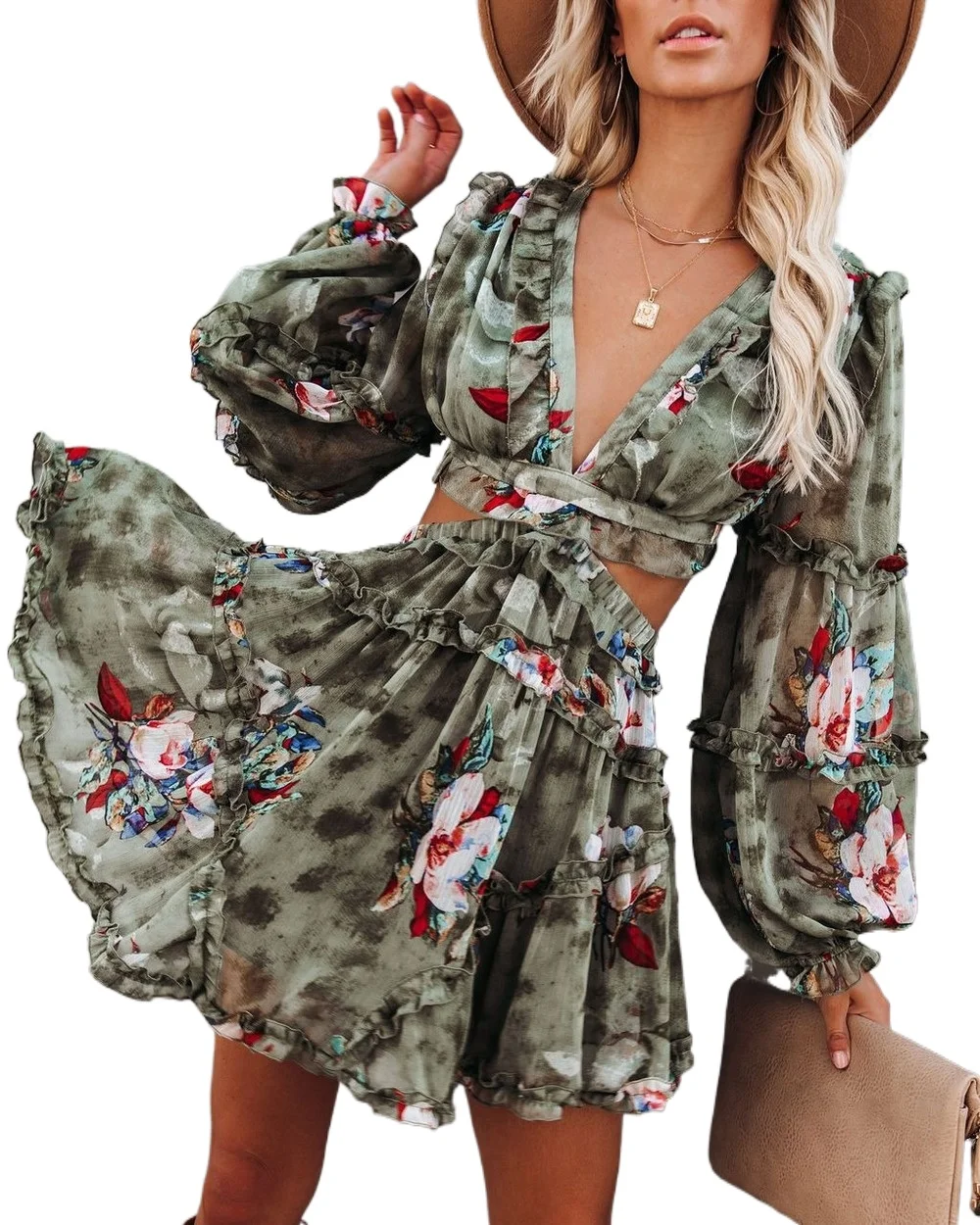 

2021 new summer dress Chiffon print open back drawstring lace one-piece dress