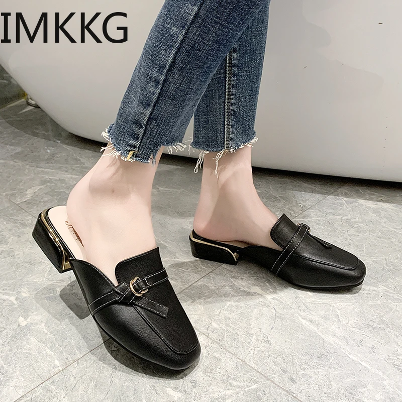 Woman Mules Shoes Outdoor Slippers Female Square Toe low heel Casual Comfortable slippers metal decoration slides | Обувь