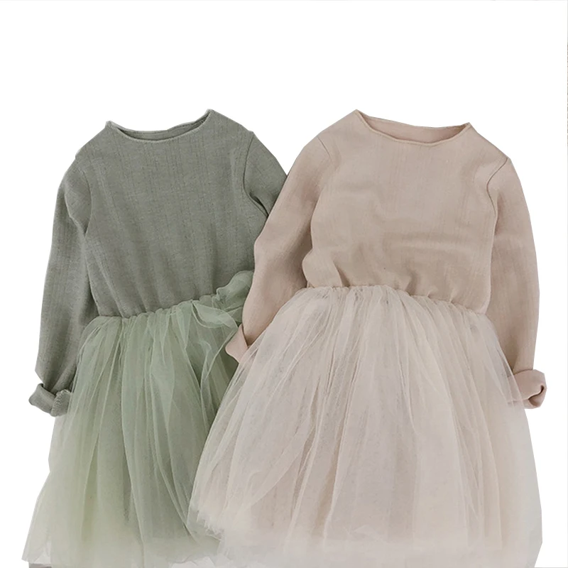 Новое осеннее платье для девочек хлопковое Сетчатое милое принцессы с круглым