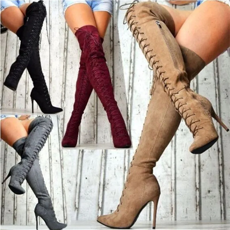

New Women Crossed tied Over The Knee Boots Pointed Toe Gladiator Lace up Thigh High Boots Side Zip Stiletto Heels Long Boots