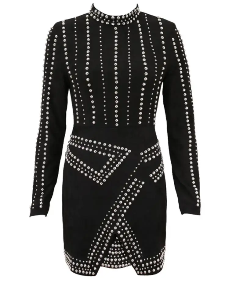 Дамы Бисероплетение с длинным рукавом Bodycon платье женщины макет шеи Мини Вечерние платья