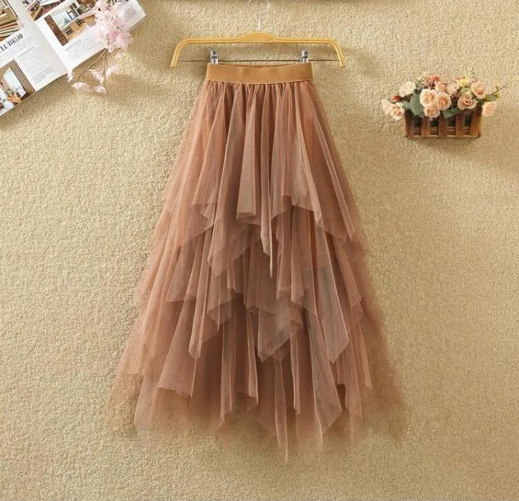 Women Sweet Midi Spring And Summer High Waist Solid Asymmetrical Elegant Chic White Mesh Tulle Skirts Faldas