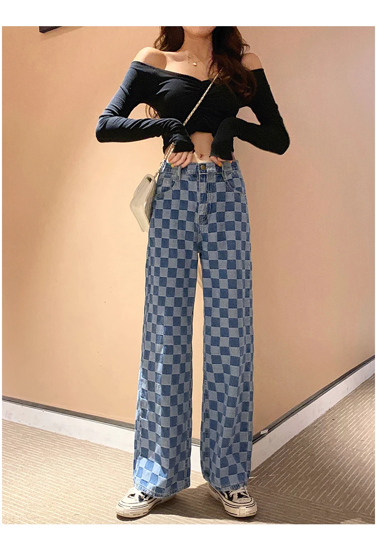 

wide leg pants fashion Harajuku BF Vintage lattice Punk fun pants Autumn jeans Plaid pants plaid personality hip hop new female
