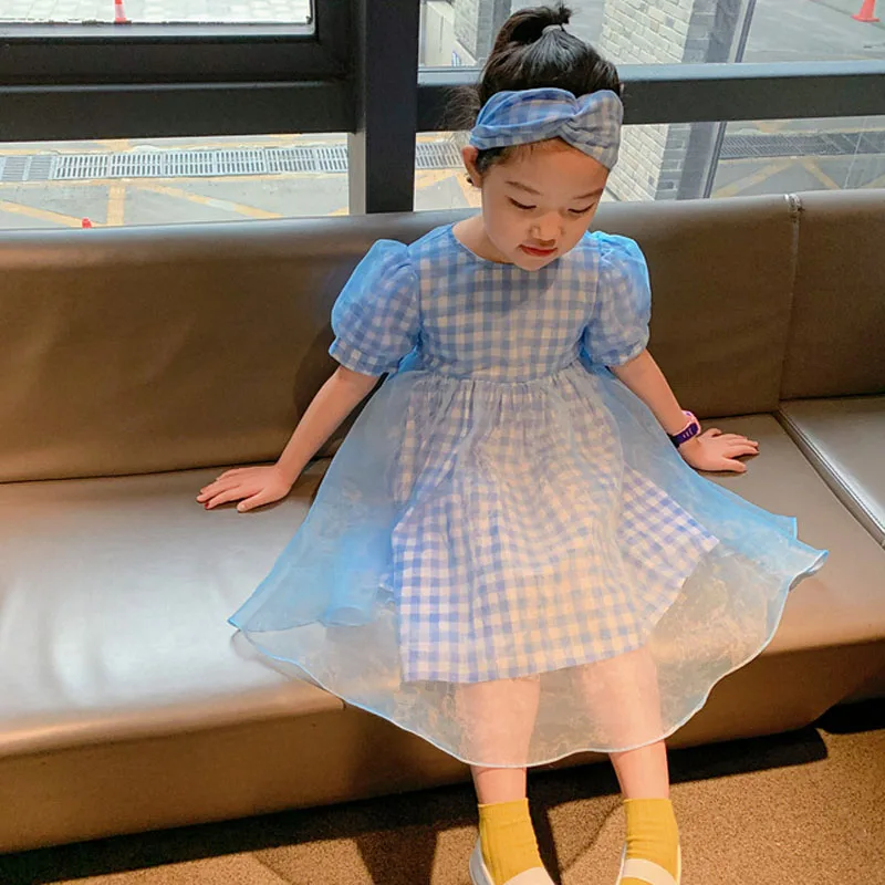 

Summer New Girls' Dress Bow Puff Sleeve Lattice Gauze Hazy Princess Dress+Headband Children'S Baby Kids Clothing For Girls