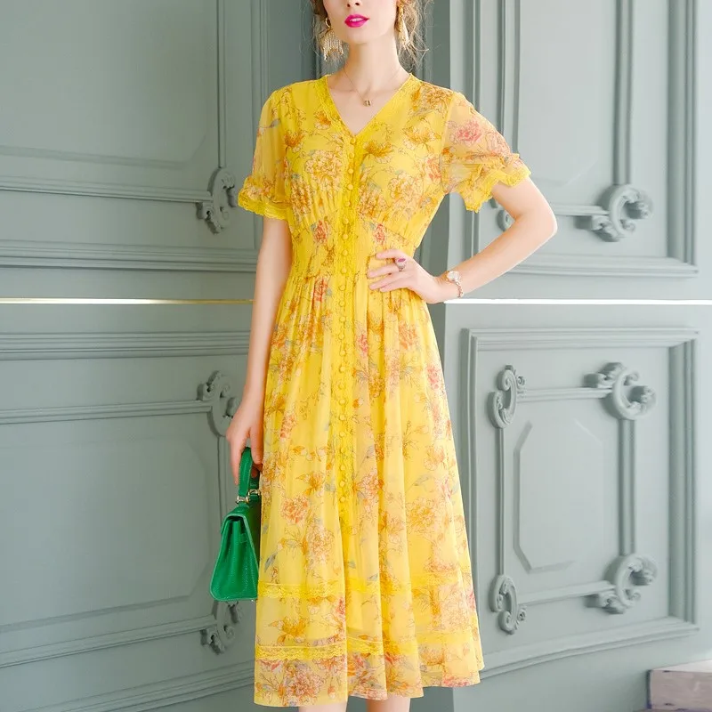 

Runway 2020 New Summer Womanliness Printed Chiffon Slim Dress A Line Casual Holiday Long Party Women Vintage Christmas Dresses