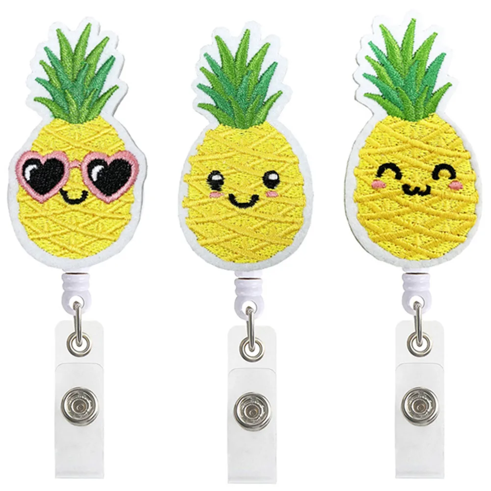 

3 Color Cute Pineapple Felt Embroidery Retractable Nurse Badge Reel Clip Badge Holder Students Doctor Id Card Holder Wholesale