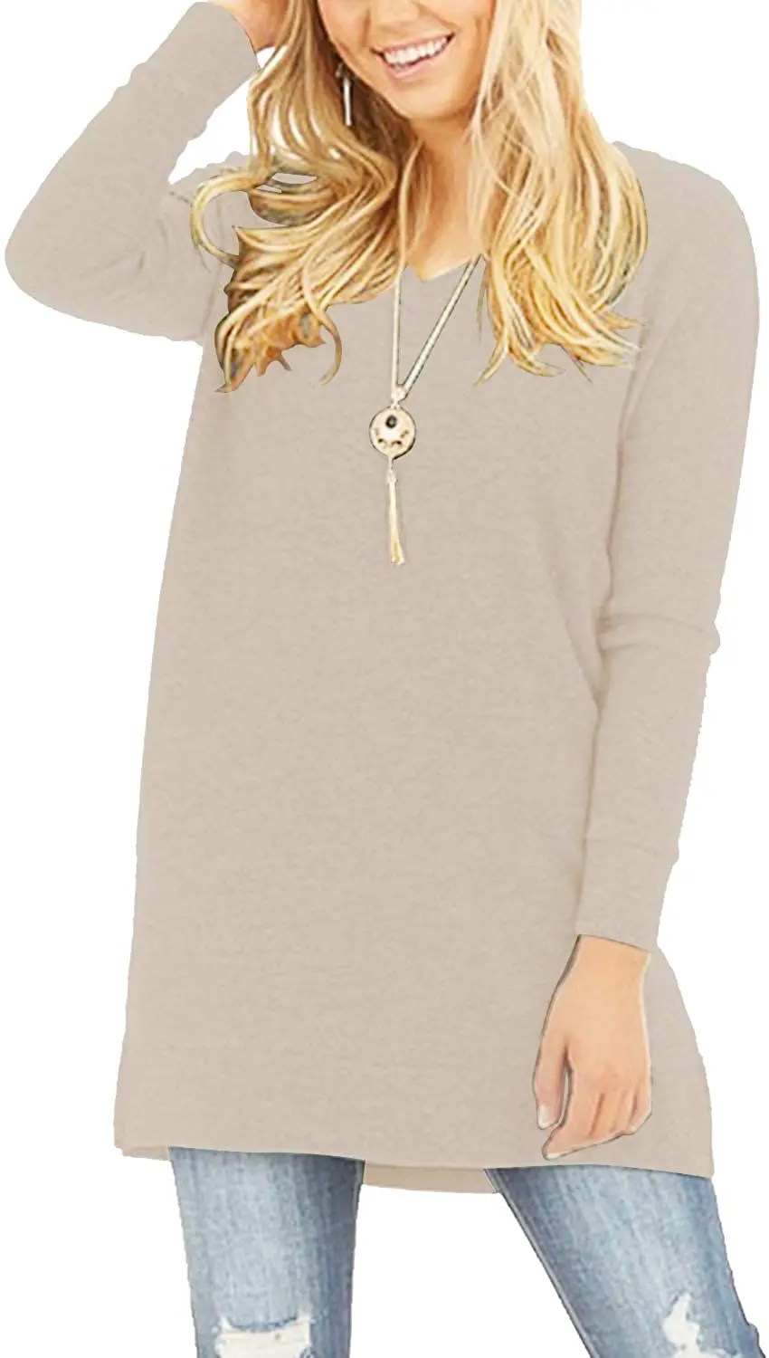 

DIFIUPAI Womens T-shirts Solid Color V-neck Pocket Long Sleeve Loose Jumper T-shirt Skirt Bottom Top Woman