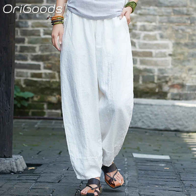 Оригинальные винтажные весенне осенние шаровары Женские однотонные белые