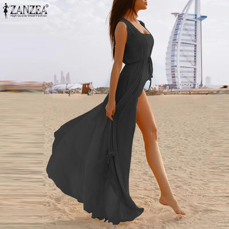 Fashion Women Lace Up ZANZEA Femme Blouses Casual Feminino Beach Cardigan Summer Solid Sleeveless Chemise Sundress Plus Size 5XL |