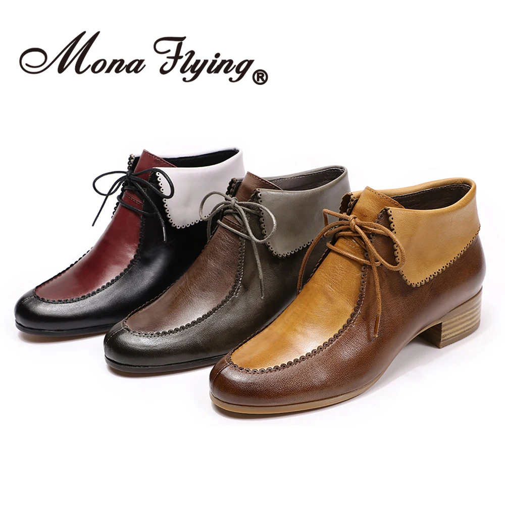 Mona Flying Women Genuine Leather Lace-up Boots Ankle high Comfortable Hand-made Fashion Booties Shoes with Low Heels 077-5AB