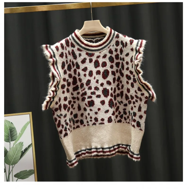 

2021 Spring Sleeveless Ruffle Knitted Pullover Vest Causal O-neck Women Knitwear Korean Leopard Elegant Sweater