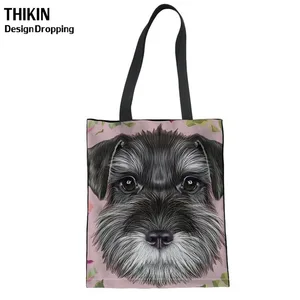 Женские сумки для покупок THIKIN с принтом шнауцера, многоразовая мультяшная складная эко-сумка для продуктов на плечо с логотипом