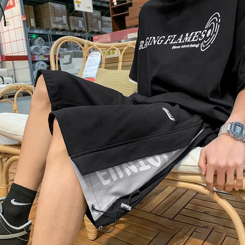 

Summer Korean Fashion Casual Black Shorts for Men Streetwear Basketball Graphic Print Punk Shorts Hawaii Beach Shorts Male