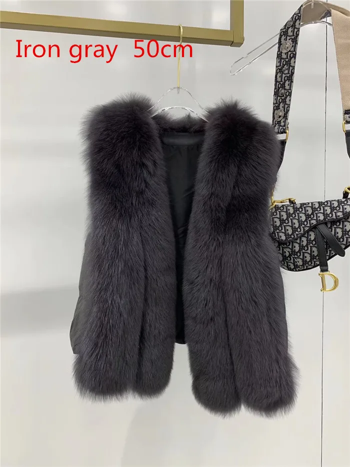 iron gray 50cm Женский жилет из натурального Лисьего меха с наполнителем из белого утиного пуха - Цвет: iron gray 50cm