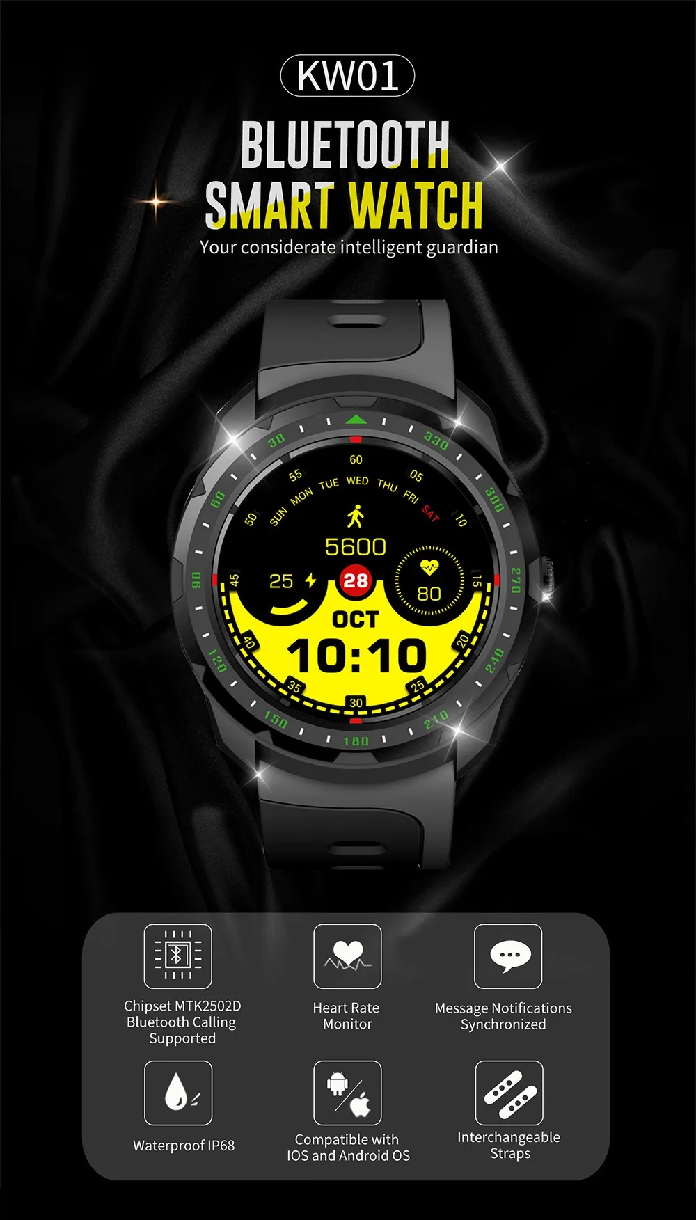 Kingwear KW01 умный Браслет 1,0 дюймов HD экран IP68 Водонепроницаемый Bluetooth 4,0 Smartwatch монитор сердечного ритма питьевой напоминание