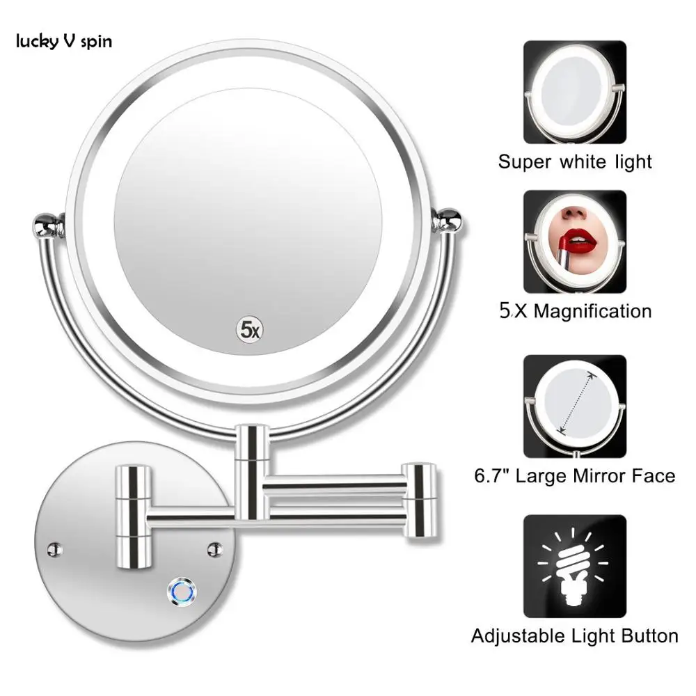 

8,5 "LED Двухстороннее поворотное настенное крепление Vanity mirror-3x 5x 10x увеличение, 13,7" расширение, сенсорная кнопка регулируемый свет