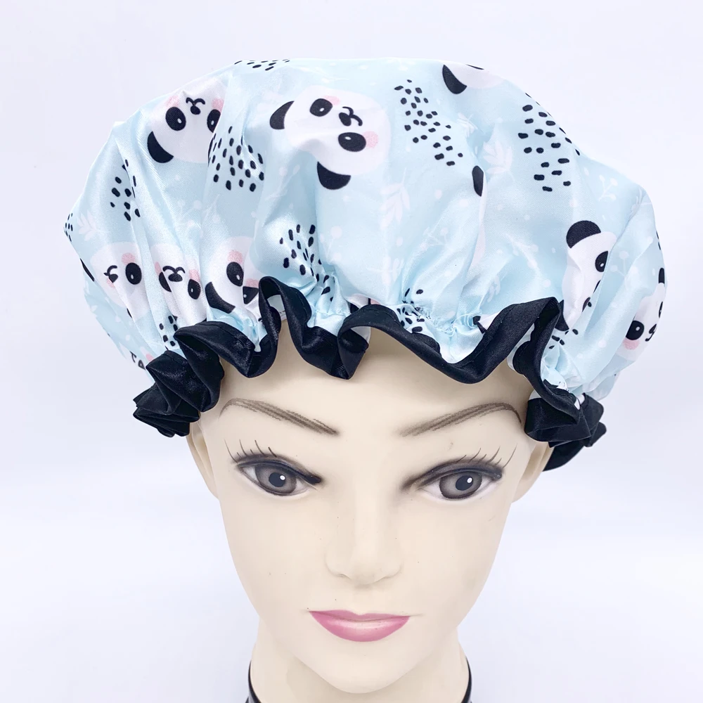 

Panda printing Shower Caps for Women Long Hair, Reusable Double Layer Waterproof Shower Hair Bath Cap, Stylish Satin Hair Bonnet