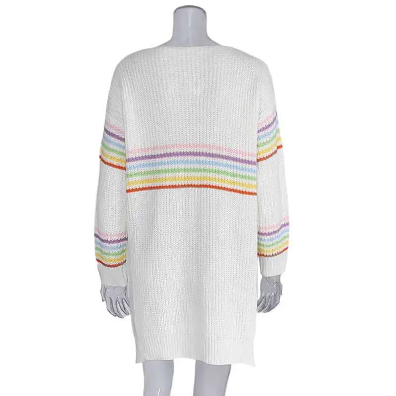 

2020 Womens Long Sleeve V-Neck Pullover Sweaters Rainbow Stripes Patchwork Knit Pullover Tops High Low Asymmetric Loose Jumper