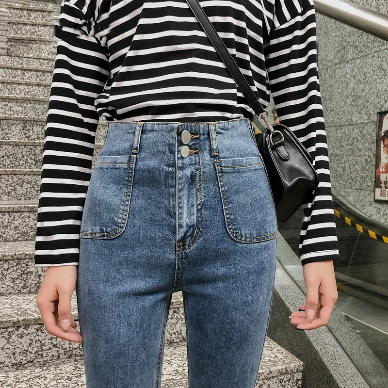 

Blue Jeans Plus Size High Waist Denim Pants Vintage Tassel Button Fashion Woman Skinny Pencil Pants Casual Gray 2021 Clothing