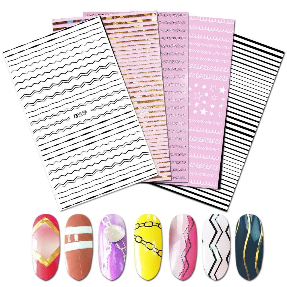 

Nail Stickers Full F Series Nail Gold and Silver Black and White Geometric Lines 3D Sticker Decal Art Design Decorative Nails