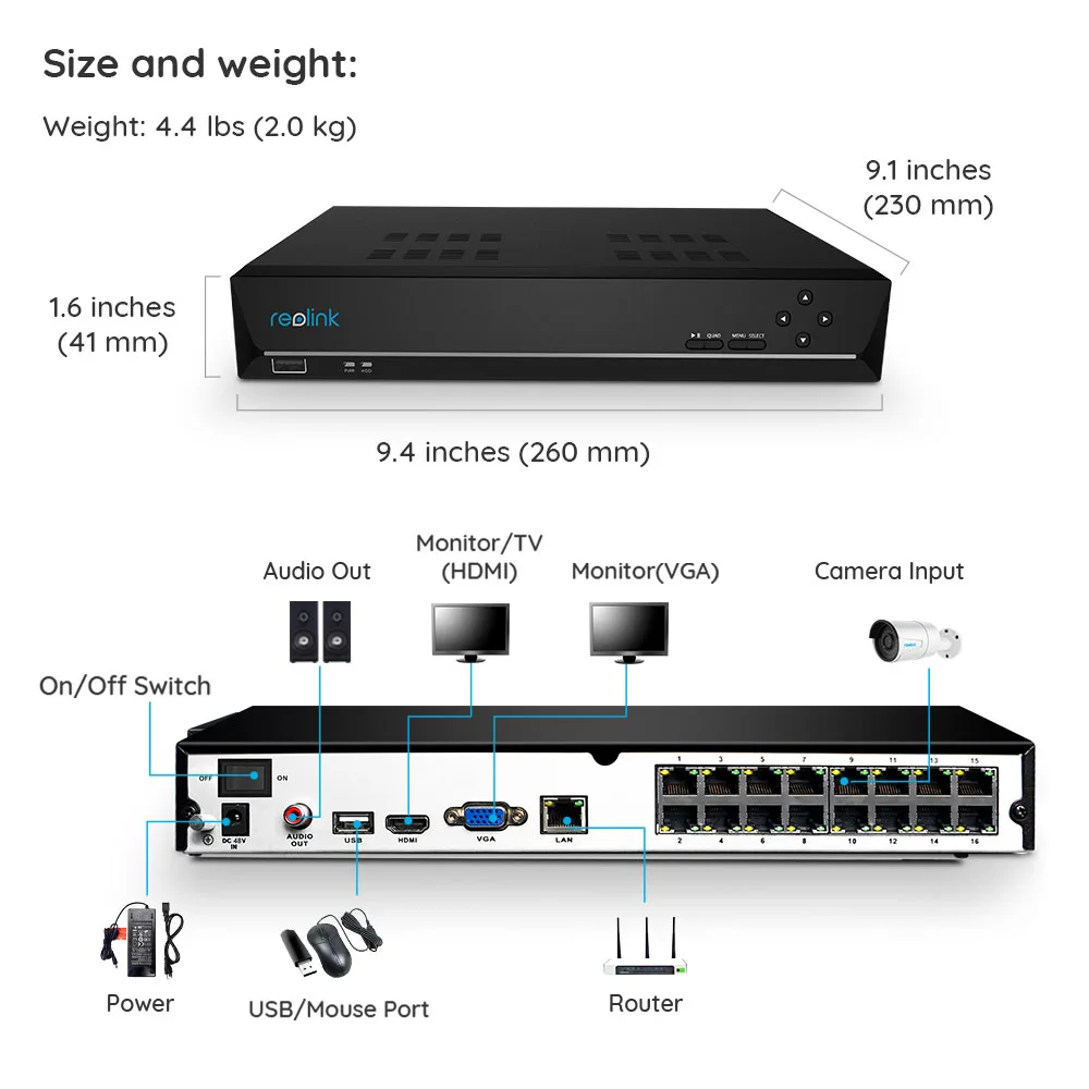 

[Non 4K Nor Human/Car Detection] Reolink NVR 16ch for Reolink 4MP/5MP IP Camera 24/7 Recording Video Recorder RLN16-410-No HDD