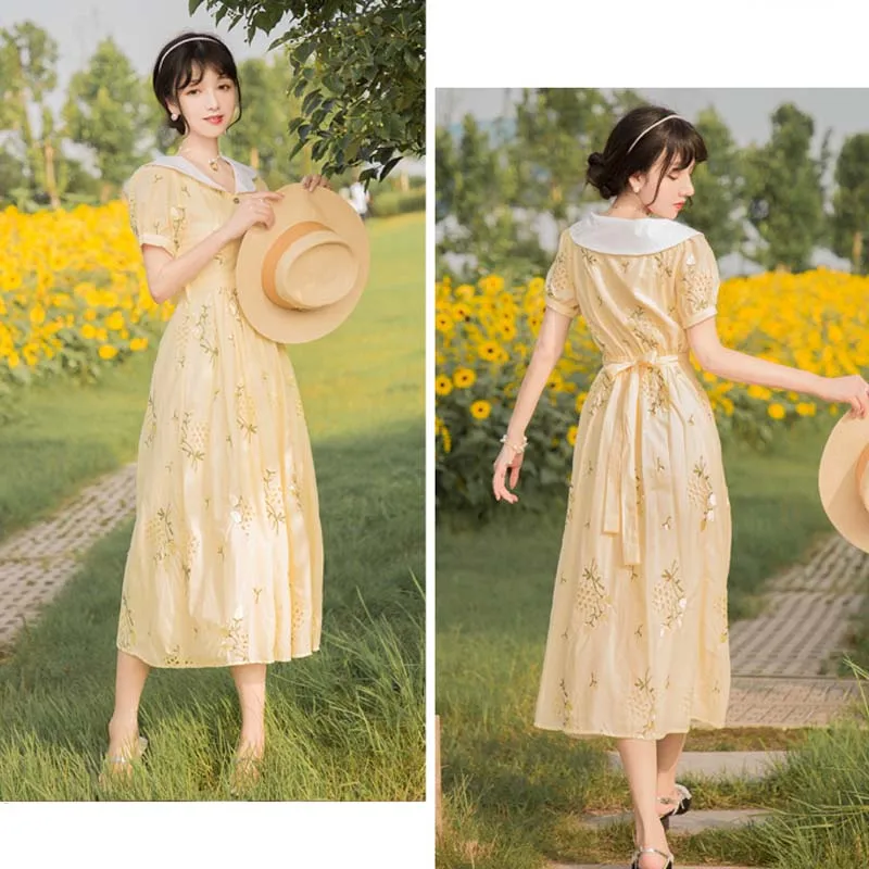 

2021 New Japanese Mori Girl Summer Women Retro Fairy Floral Embroidery Sweet Midi Dress Elegant Chic Party Sashes Vestidos Femme