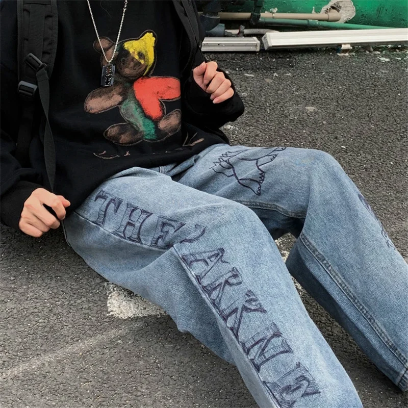 

2021 Fashion High-waisted Jeans Harajuku High Street Leisure Printing Straight Leg Slim Pants the letter Restoring ancient ways