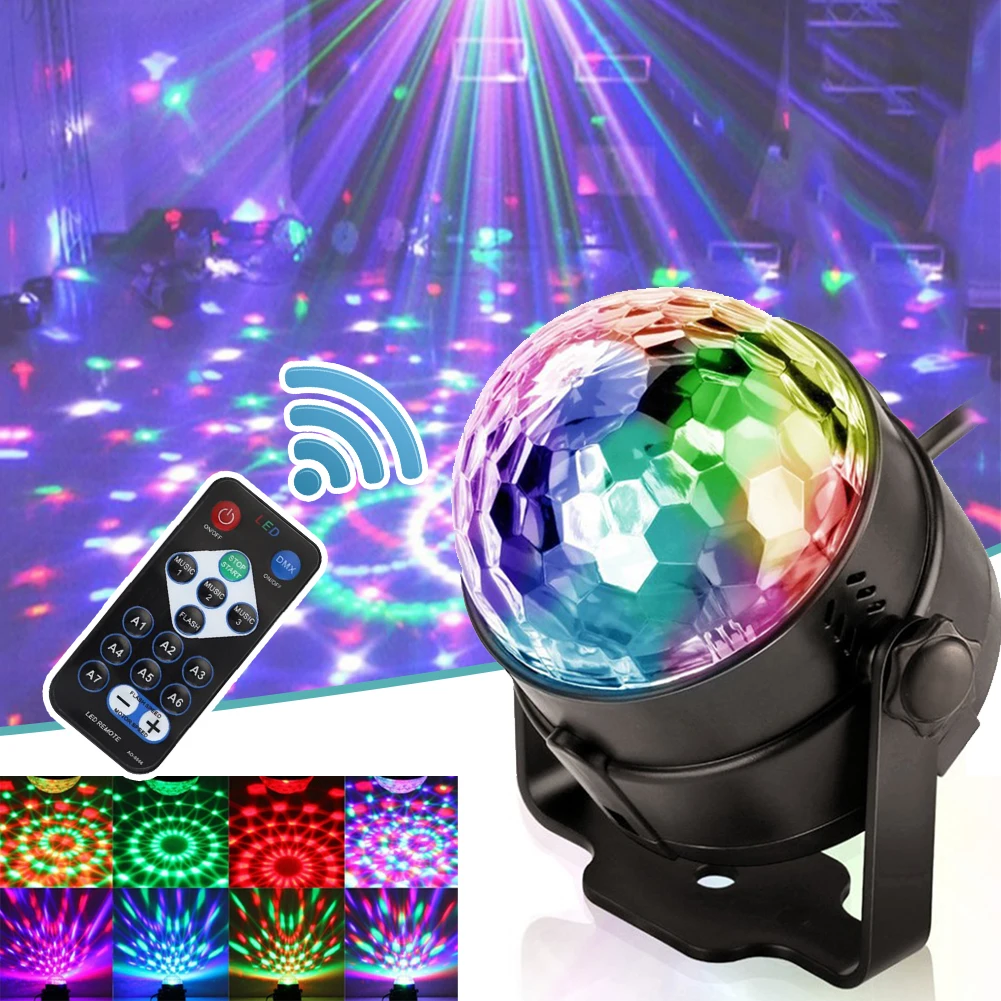 

Sound Control Activated Rotating Disco Ball DJ Party Lights 5-10W LED RGB Stage Lights For Christmas Wedding Party Disco Lights
