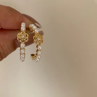 zn new classic elegant pearl hollow flower hoop earrings fashion jewelry accessories wedding earring for woman girls