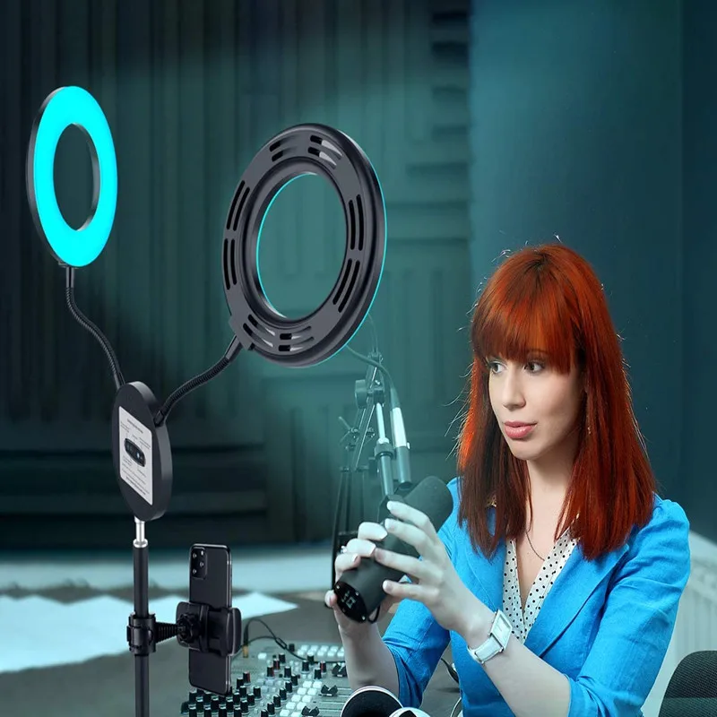 Двойной светодиодный кольцевой светильник 16 см для селфи RGB со штативом 1 6 м USB